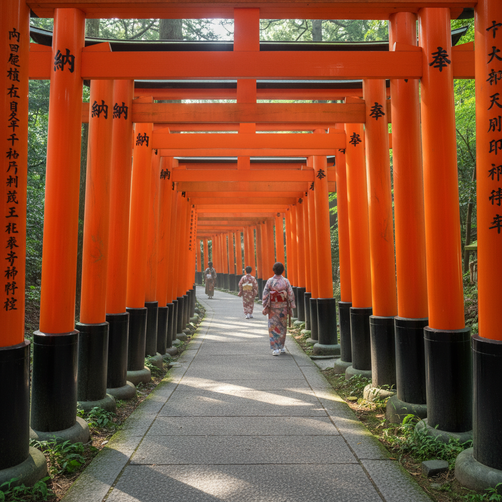 A serene morning at Fushimi Inari-taisha in Kyoto, featuring the endless path of vibrant orange torii gates with soft sunlight filtering through the trees, creating a peaceful and spiritual atmosphere.