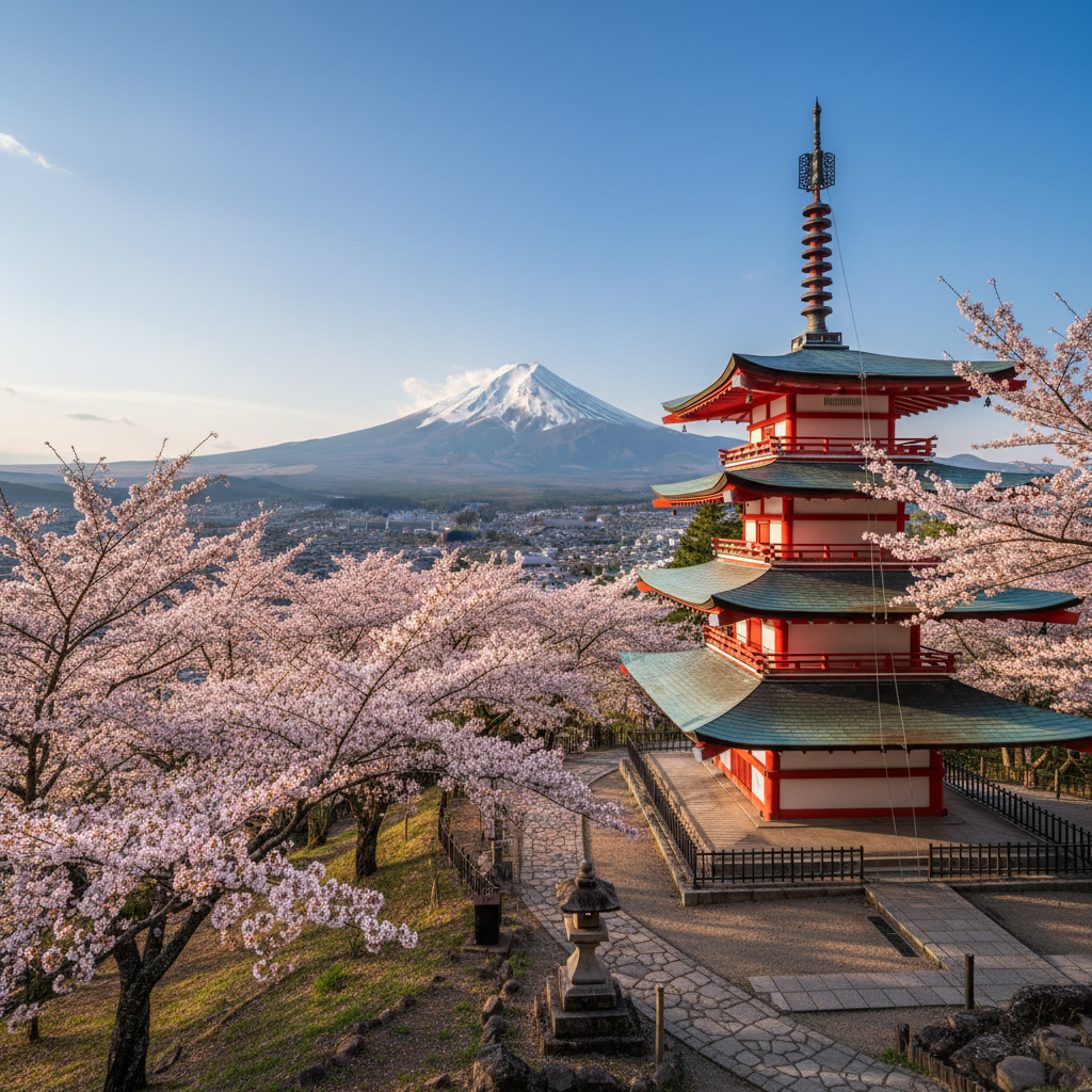 A breathtaking landscape of Mount Fuji viewed from the Chureito Pagoda during spring, surrounded by blooming pink cherry blossoms and a clear blue sky, capturing the essence of Japanese nature.