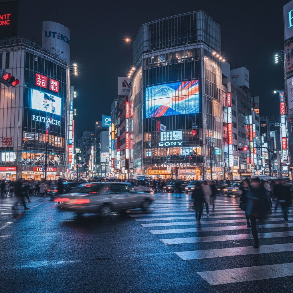 The vibrant and energetic Shibuya Crossing in Tokyo at night, with bright neon signs reflecting on the wet pavement after rain, showing motion blur of people and city lights.