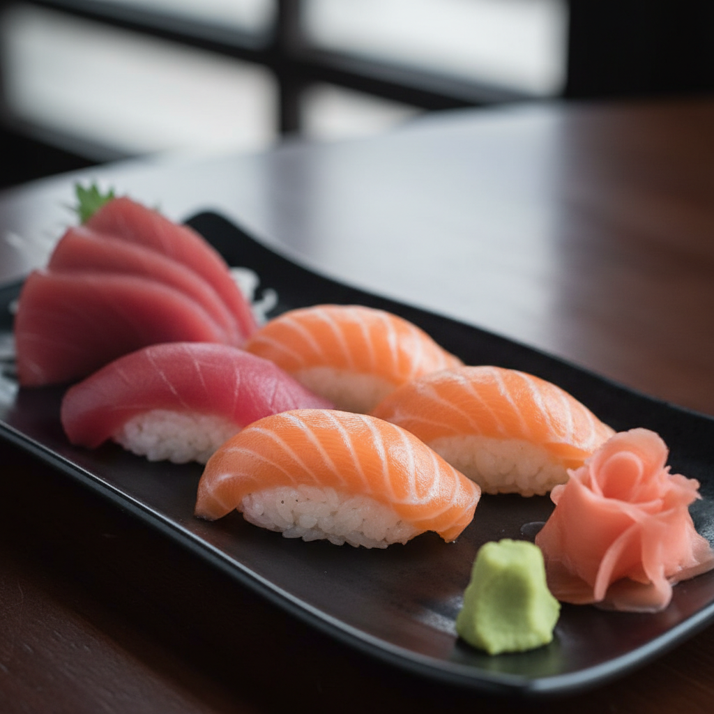 A close-up, high-resolution shot of an authentic Japanese sushi platter, showcasing the fresh texture of tuna and salmon with a touch of wasabi and ginger on a minimalist ceramic plate.