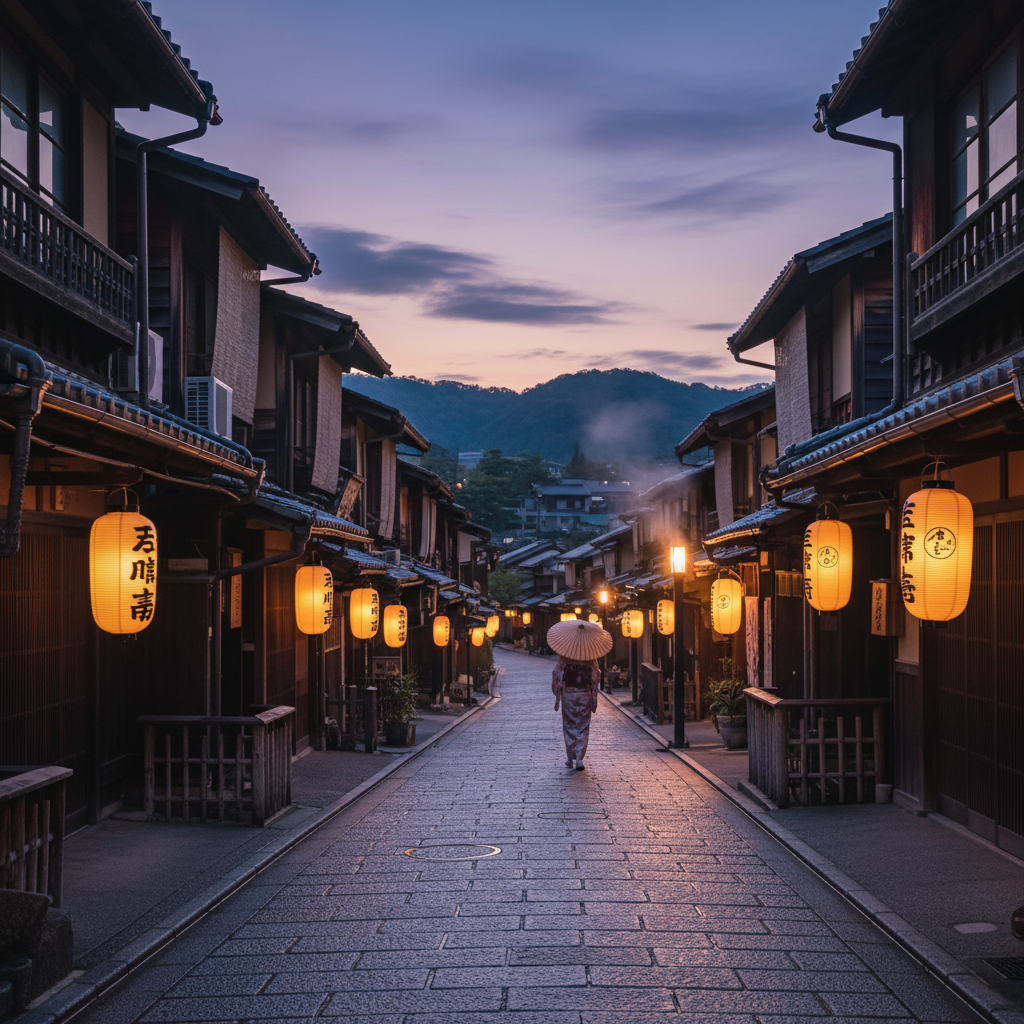 A historic street in Kyoto's Gion district at dusk, featuring traditional wooden machiya houses, glowing paper lanterns, and a distant silhouette of a person in a kimono.