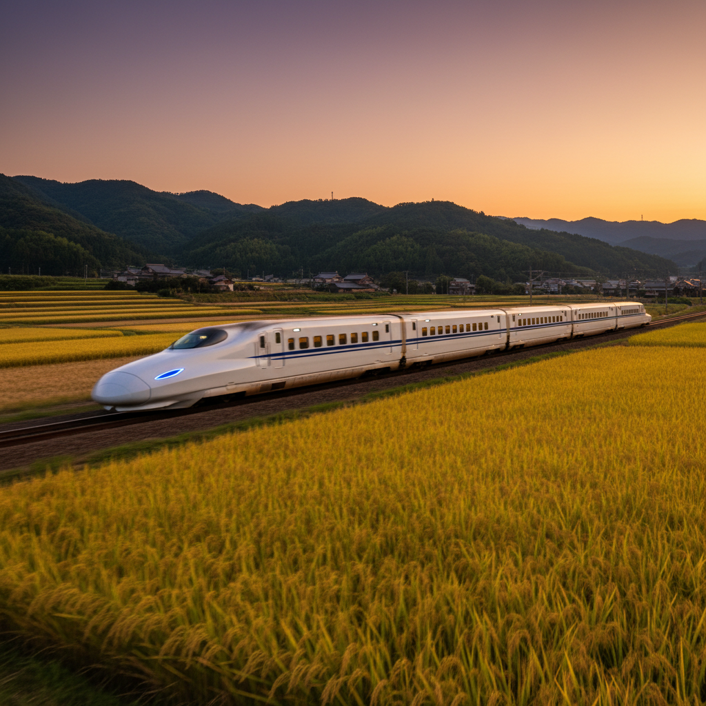 The futuristic Shinkansen bullet train speeding past a golden rice field with a backdrop of rolling hills, symbolizing the harmony between advanced technology and rural Japan.