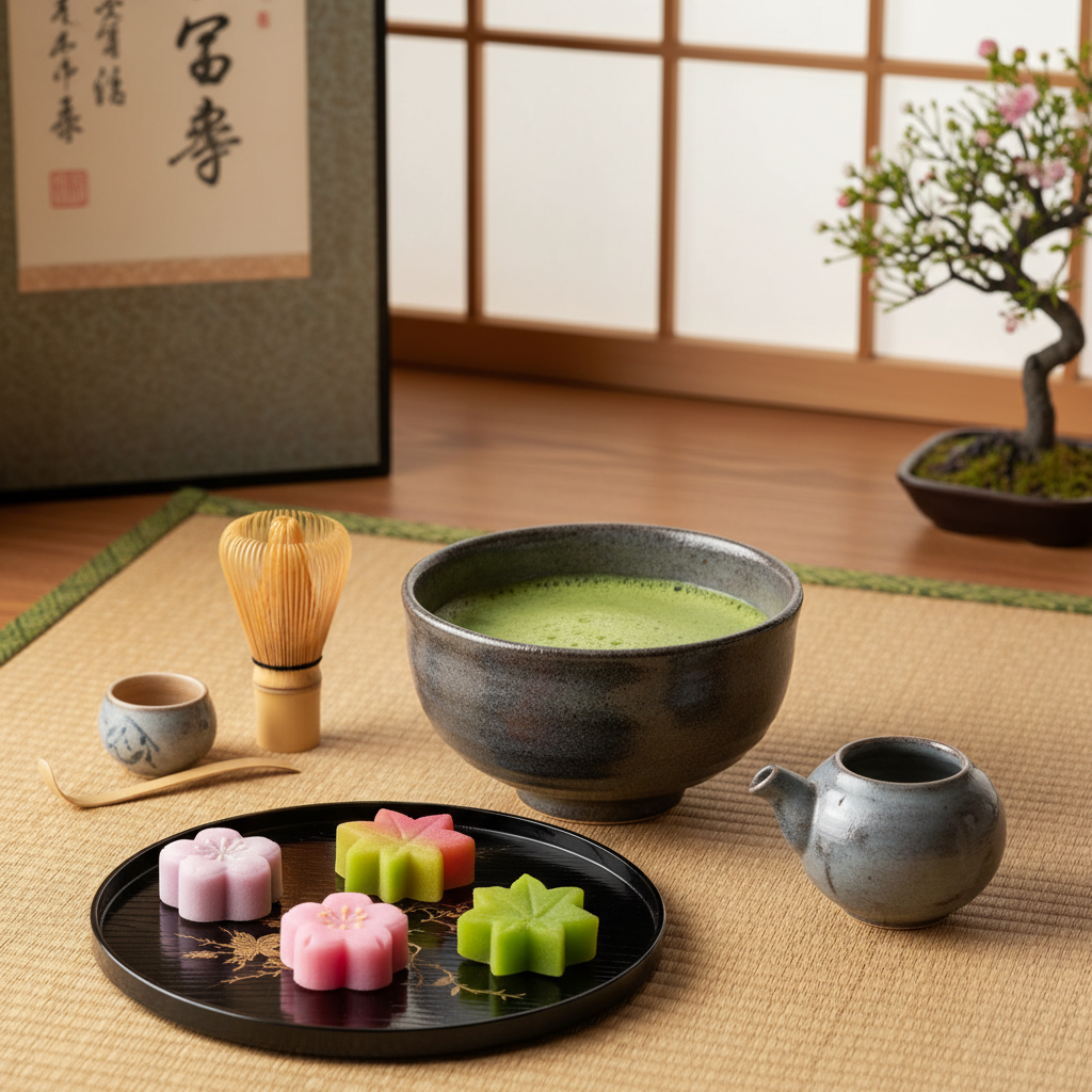 An elegant Japanese tea ceremony set on a tatami mat, including a ceramic bowl of frothy green matcha tea and beautifully crafted seasonal wagashi sweets, emphasizing cultural detail.